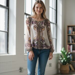 $219 Hale Bob Boho Scarf Print Long Sleeve Blouse S